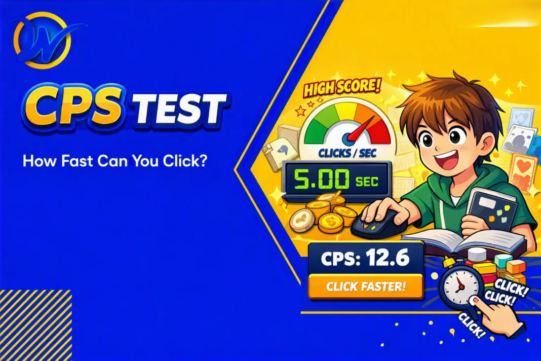 CPS Test – How Fast Can You Click? Featured image showing a boy clicking a mouse with a timer, speedometer, and “Click Faster!” button, illustrating the CPS Test click‑speed challenge.
