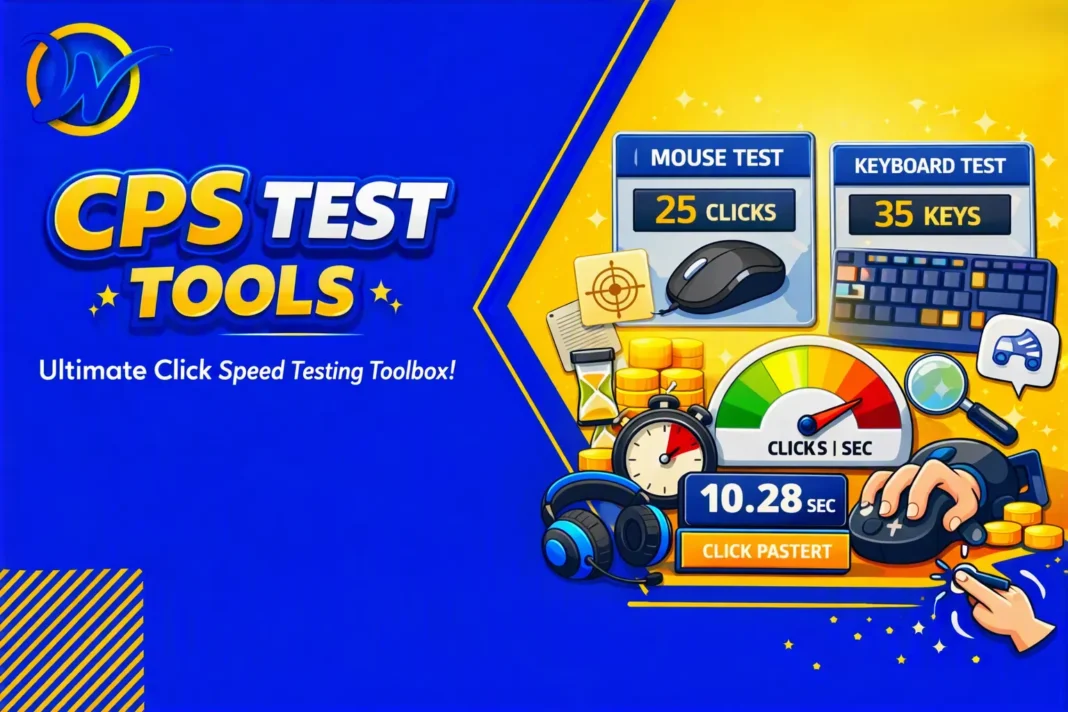 Featured image showing mouse and keyboard test windows, CPS gauge, stopwatch, and gaming accessories illustrating click‑speed testing tools.