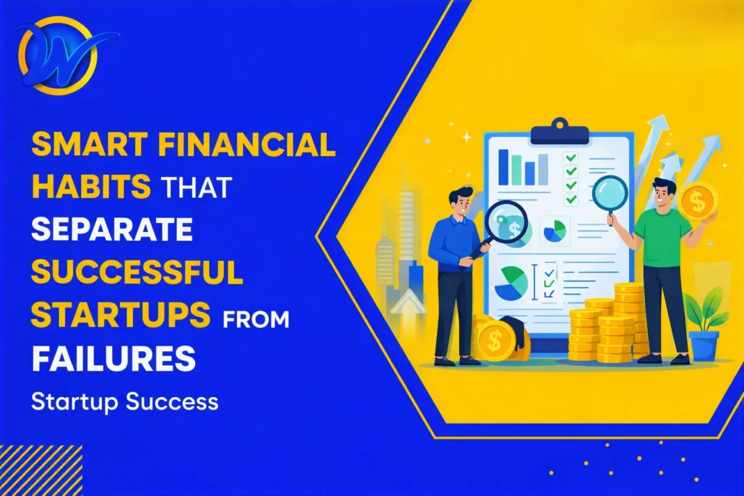 Smart Financial Habits That Separate Successful Startups from Failures Featured image showing successful and failed startups with financial charts, coins, and budget icons representing smart financial habits.