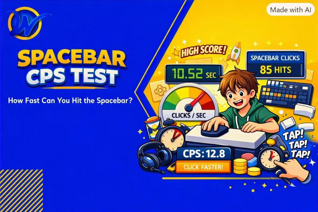 Featured image showing a boy pressing a large spacebar with timers, gauges, and “Tap Faster!” text, illustrating the Spacebar CPS Test challenge.