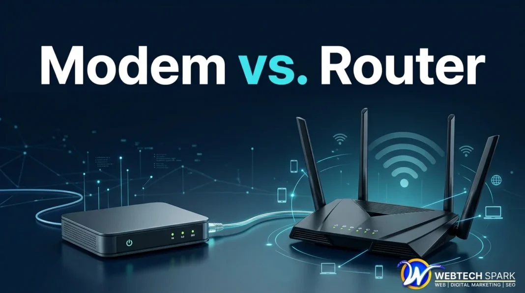 Modem vs Router Standalone modem and Wi-Fi router side-by-side with