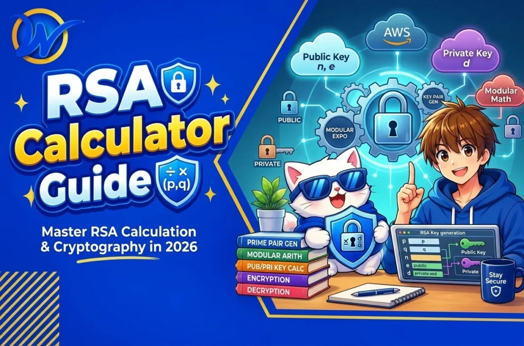 RSA Calculator guide Anime-style RSA Calculator infographic with public and private keys, key pair generation, an anime boy, a cat wearing sunglasses, and cryptography concepts.